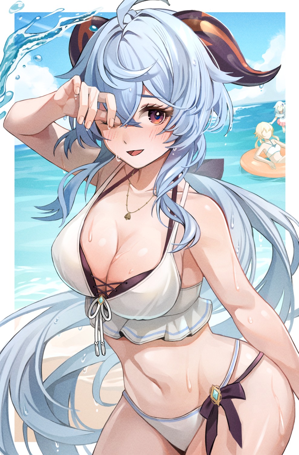 artist_revision, bikini, ganyu, genshin_impact, horns, moguta_(moguta9), swimsuits