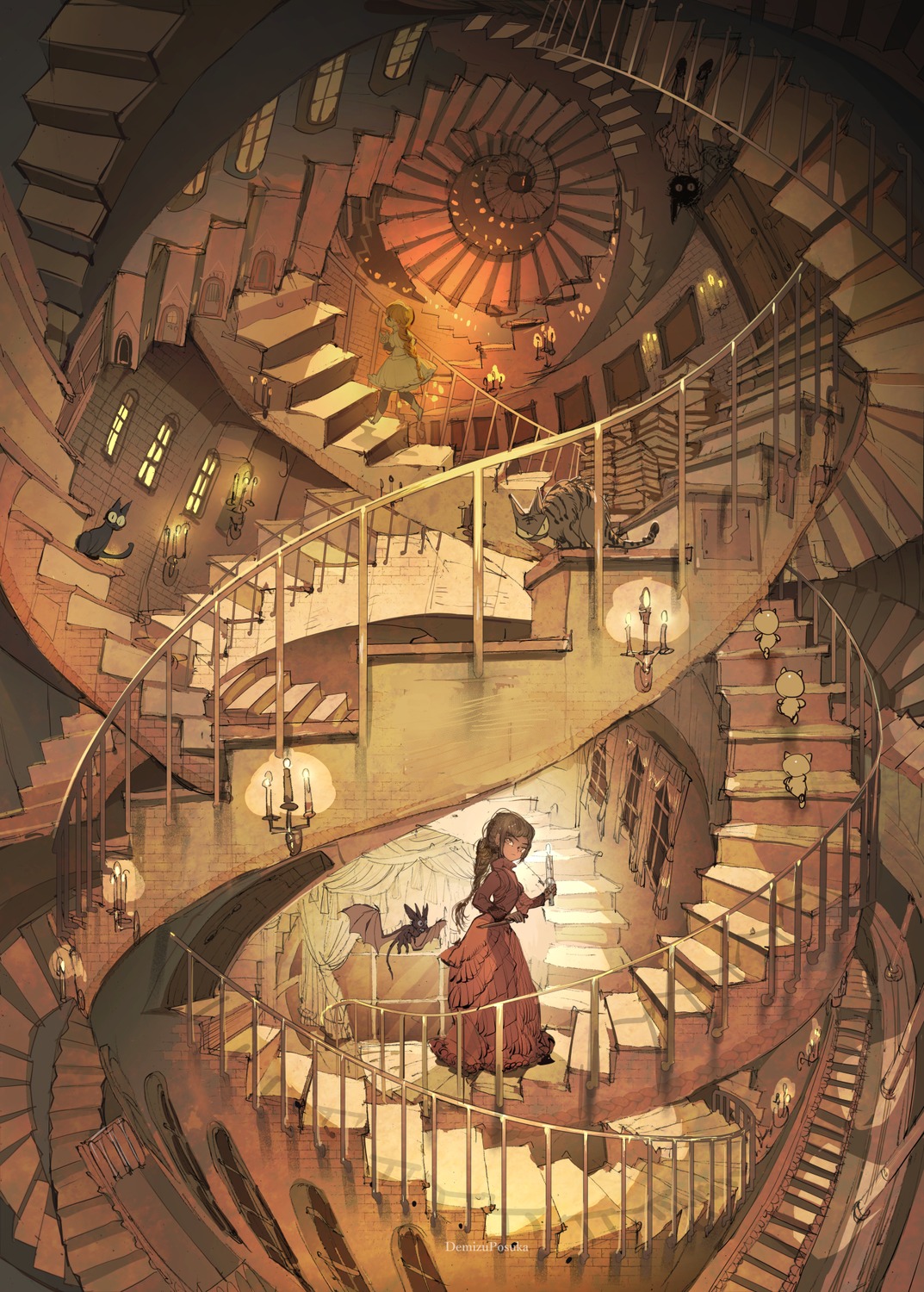 demizu_posuka, dress, landscape, monster, neko, sketch, weapon