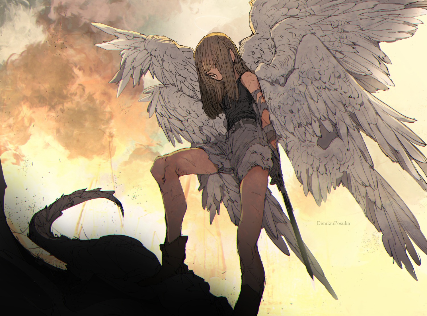 bandages, demizu_posuka, sword, wings