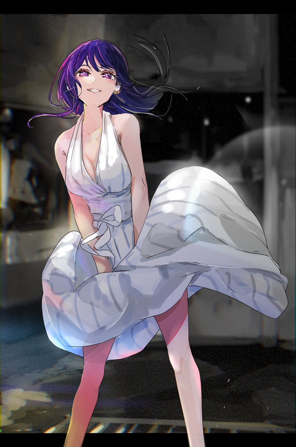 [oshi_no_ko], cleavage, cosplay, dress, funi_mu9, hoshino_ai, marilyn_monroe, skirt_lift
