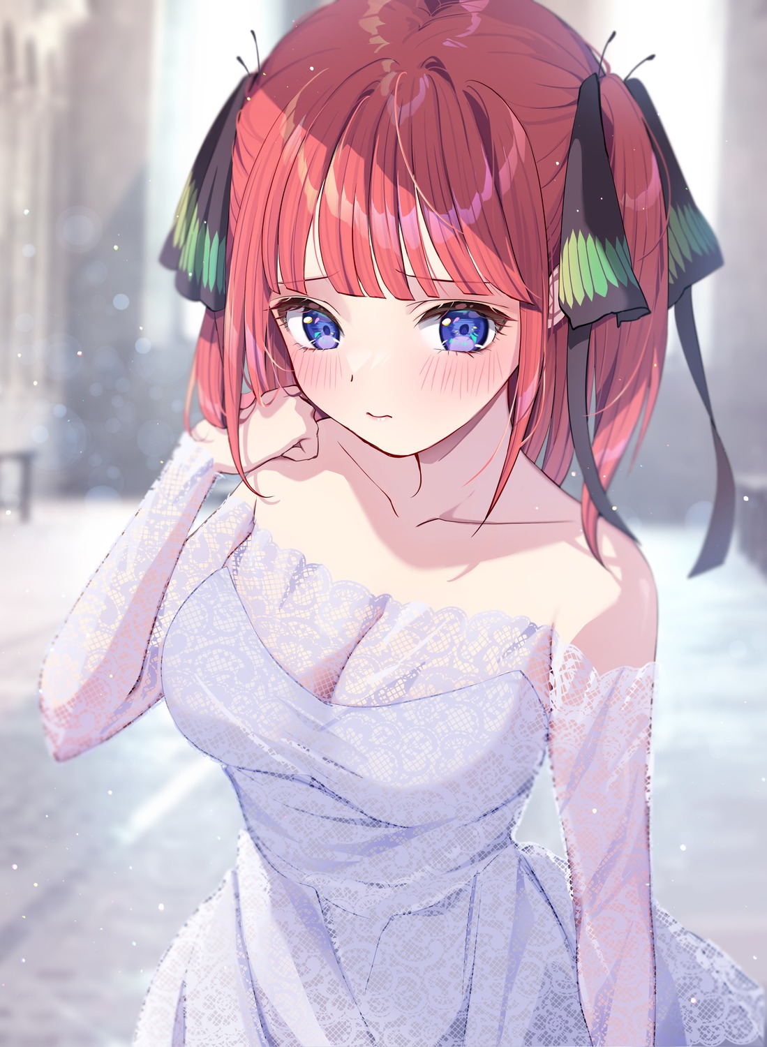 5-toubun_no_hanayome, cleavage, dress, maruta_(shummylass), nakano_nino, no_bra, see_through, wedding_dress