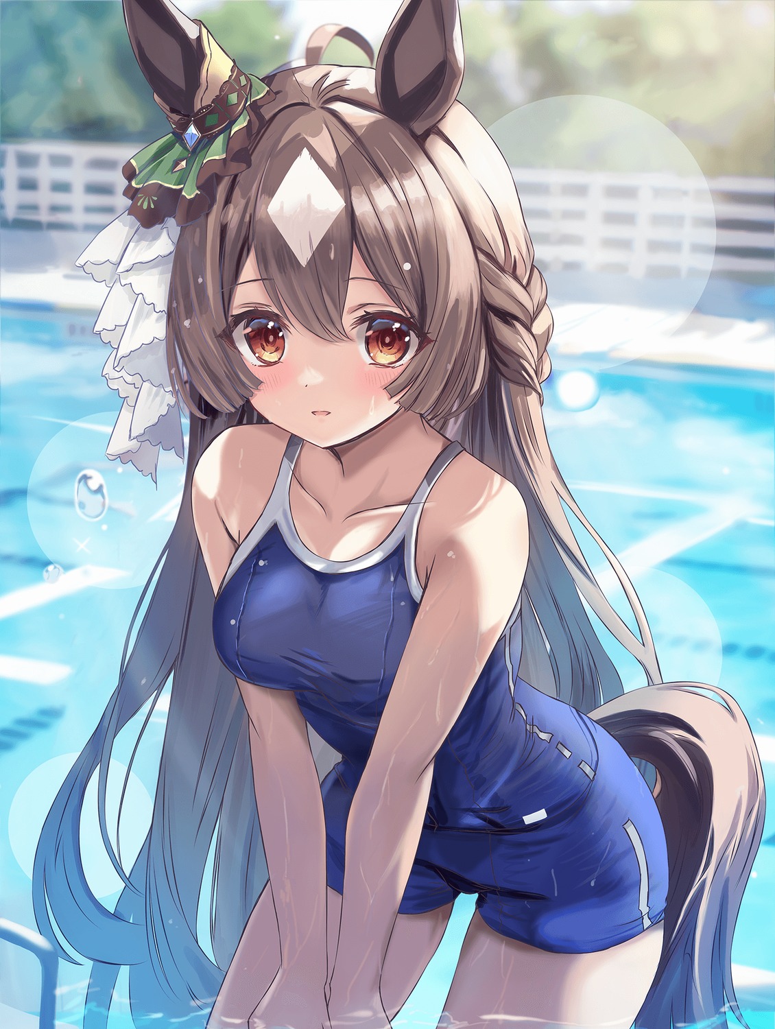 animal_ears, cutlass_(classic_chocolate), satono_diamond_(umamusume), school_swimsuit, swimsuits, tail, uma_musume_pretty_derby, wet