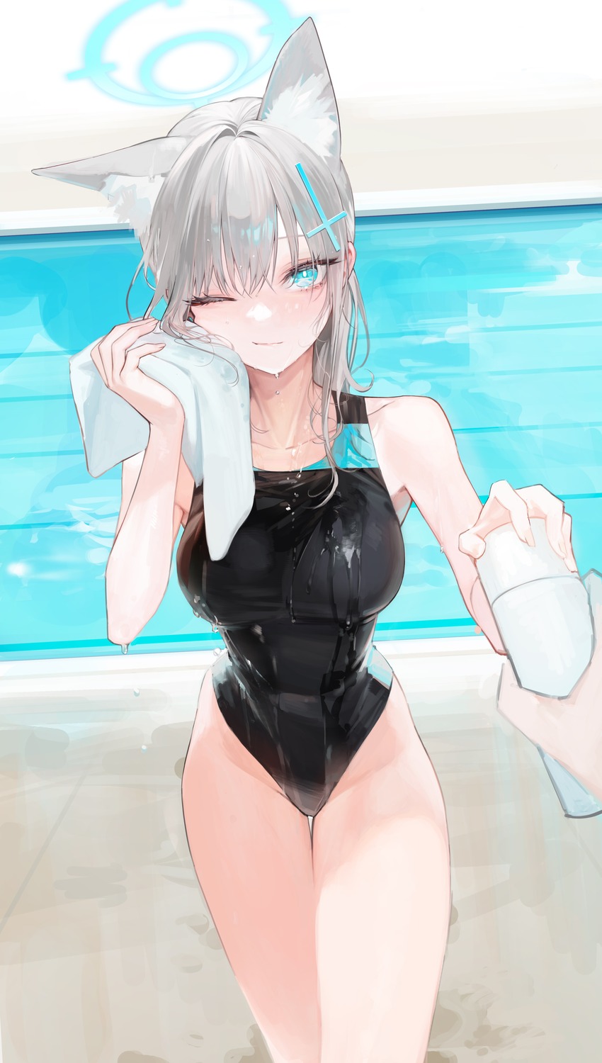 animal_ears, blue_archive, halo, nekomimi, oyabuli, sunaookami_shiroko, swimsuits, wet