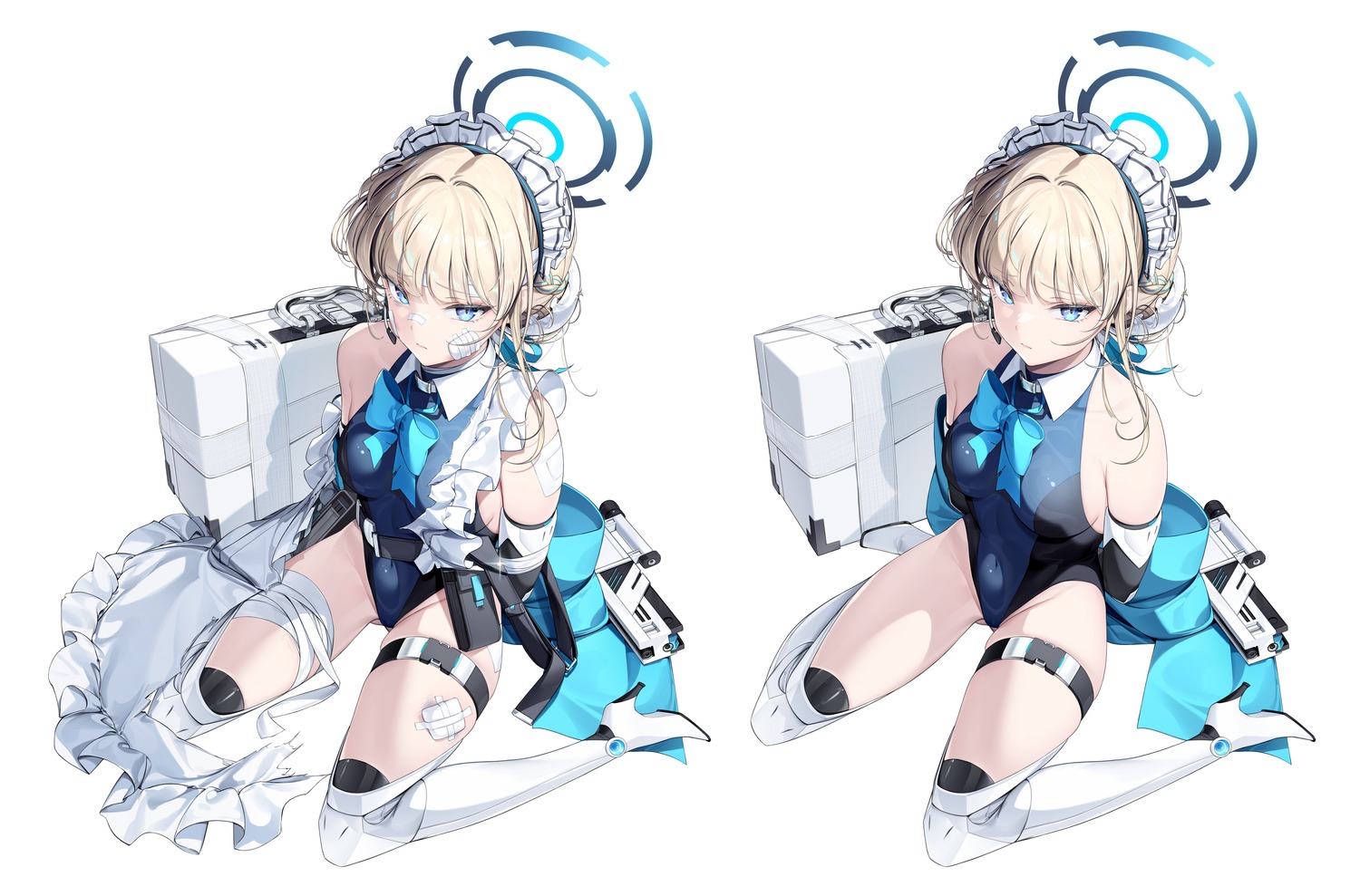 asuma_toki, bandages, bandaid, blue_archive, garter, halo, heels, leotard, maid, thighhighs, torn_clothes, whyingre