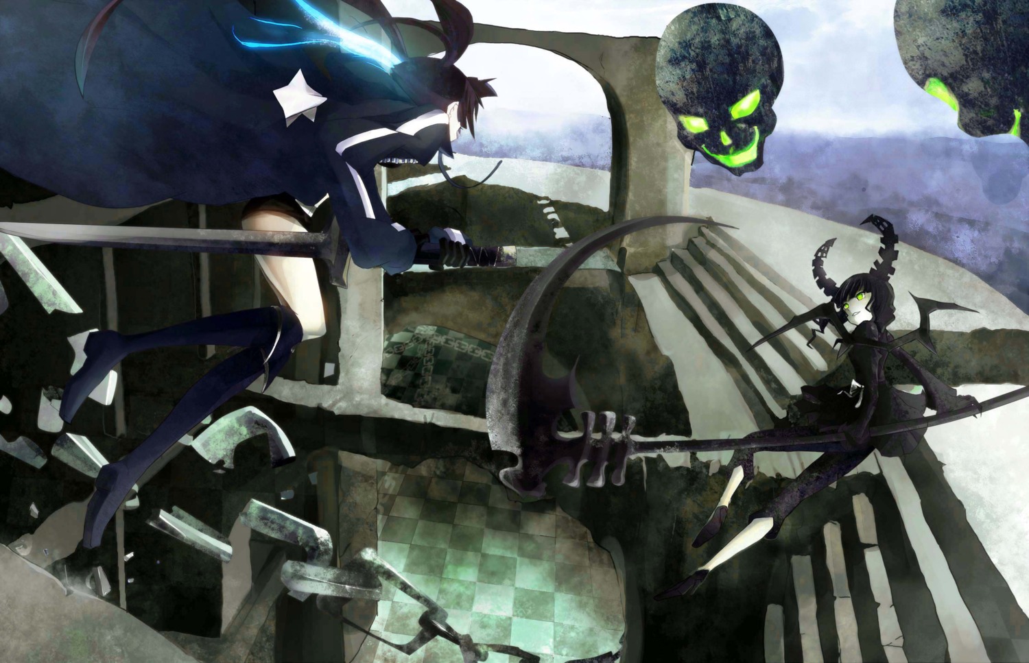 black_rock_shooter, black_rock_shooter_(character), dead_master, dress, horns, kio_sayuki, sword, vocaloid
