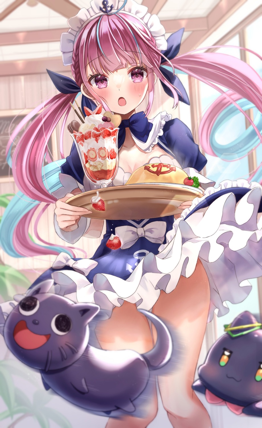 botamochi, cleavage, hololive, maid, minato_aqua, neko, skirt_lift, waitress