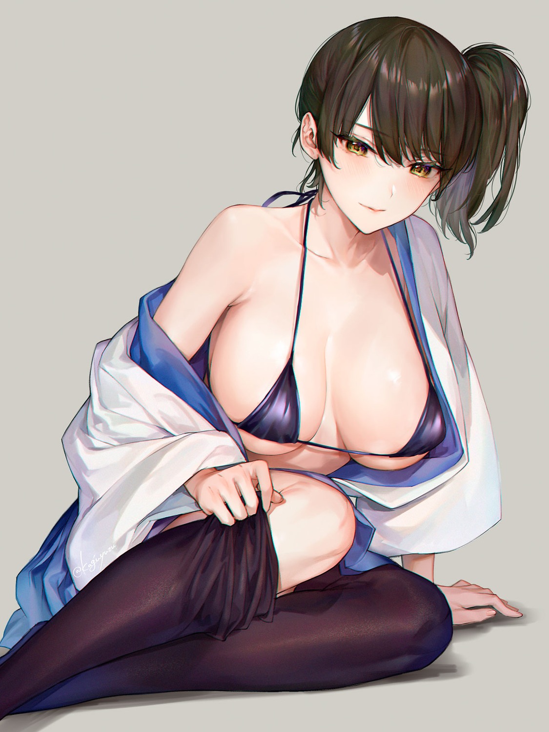 bra, japanese_clothes, kaga_(kancolle), kaguyuzu, kantai_collection, open_shirt, skirt_lift, thighhighs