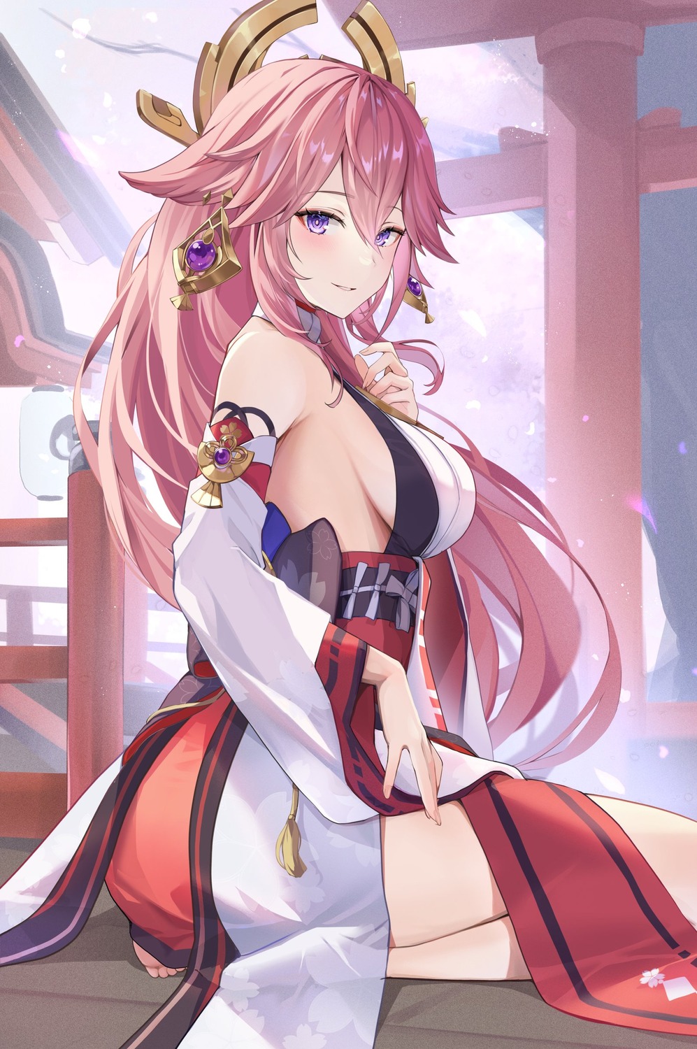 animal_ears, genshin_impact, japanese_clothes, kitsune, no_bra, pi_tayuko, yae_miko