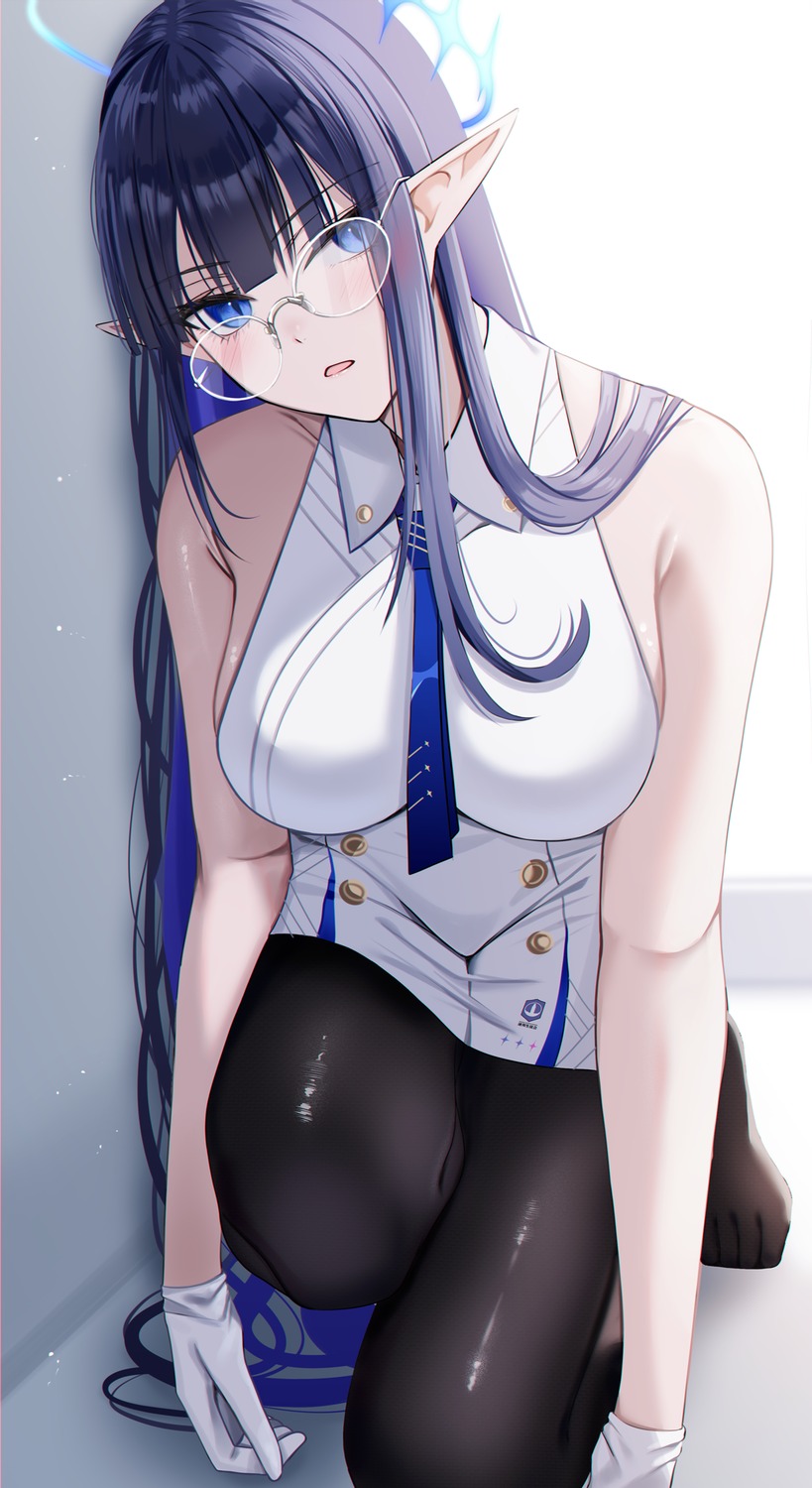 blue_archive, halo, megane, nanagami_rin, nick_(nikek96), pantyhose, pointy_ears, uniform