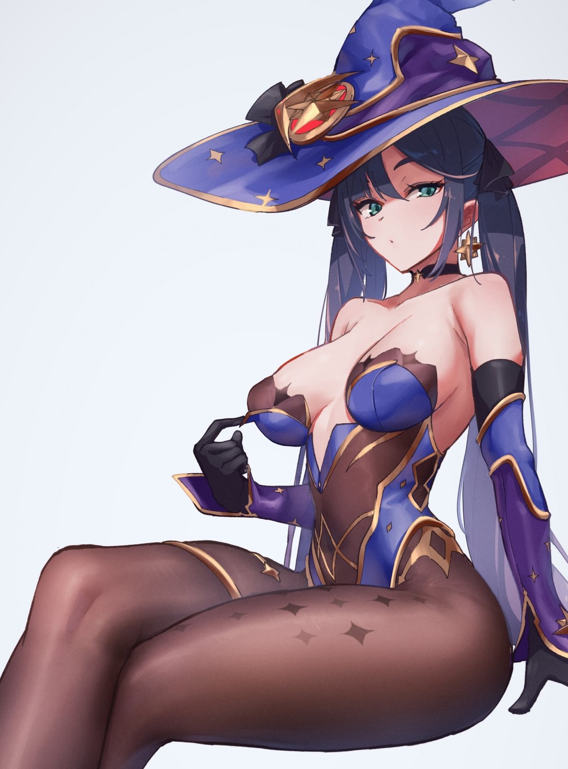 garter, genshin_impact, leotard, mona_megistus, nitro_(mugityaoisii), no_bra, pantyhose, undressing, witch