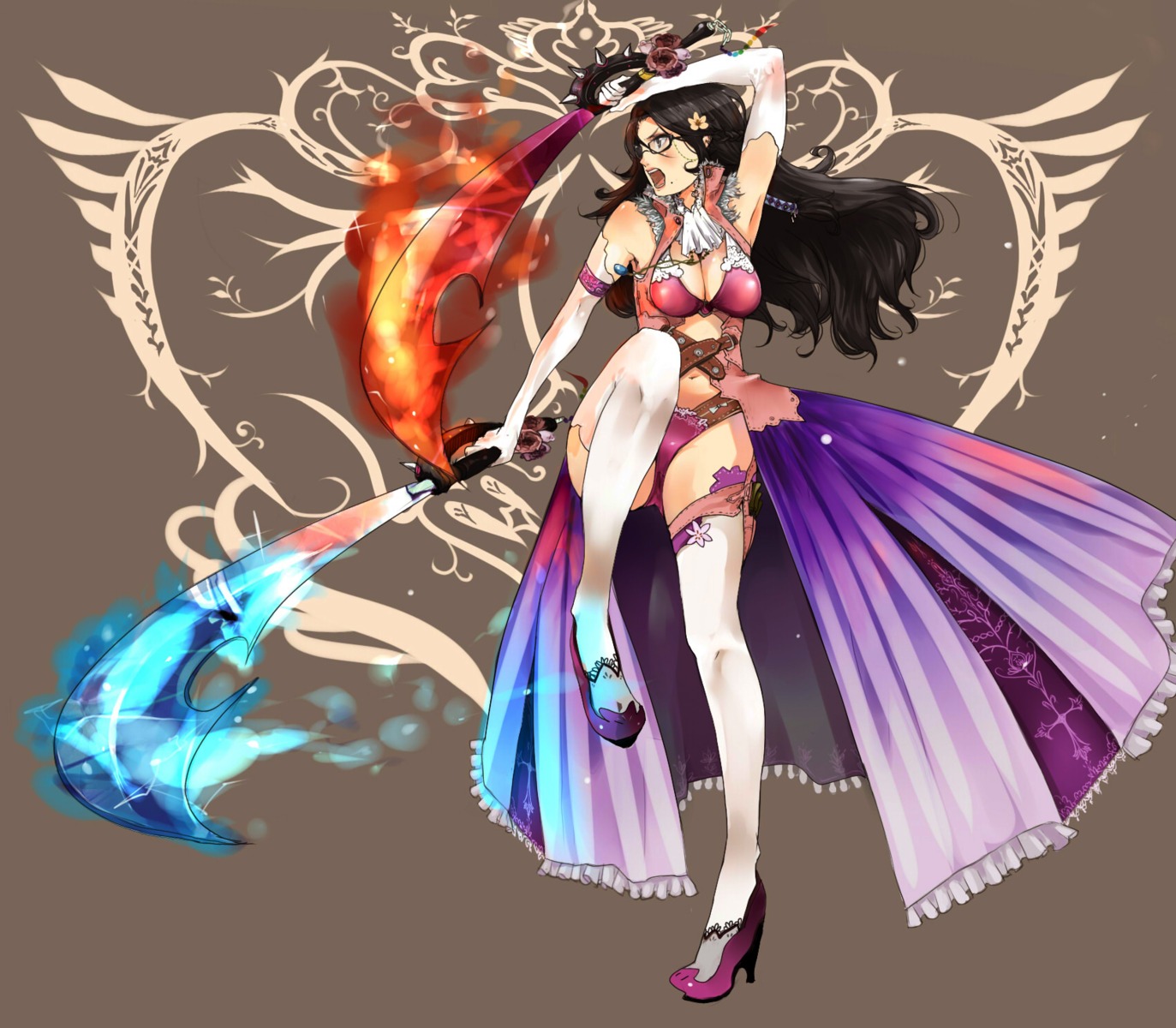 cleavage, megane, shigureteki, sword, thighhighs
