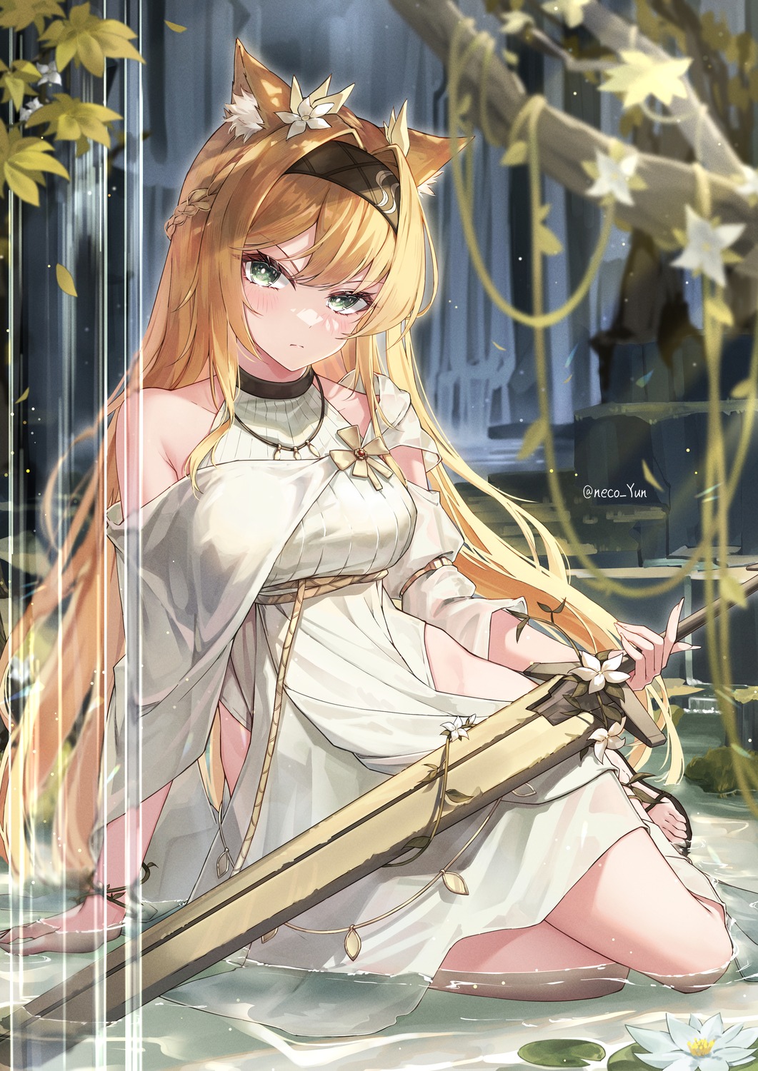 animal_ears, arknights, horn_(arknights), see_through, sword, wet, wet_clothes, yeosi