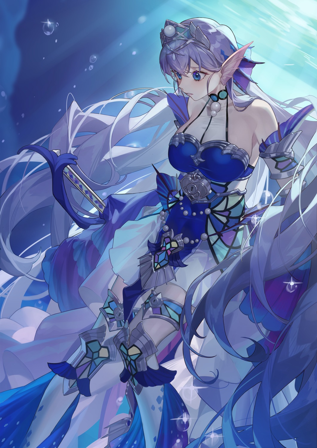 armor, dress, garter, monster_girl, no_bra, red_cucumber, tearlaments_kitkallos, thighhighs