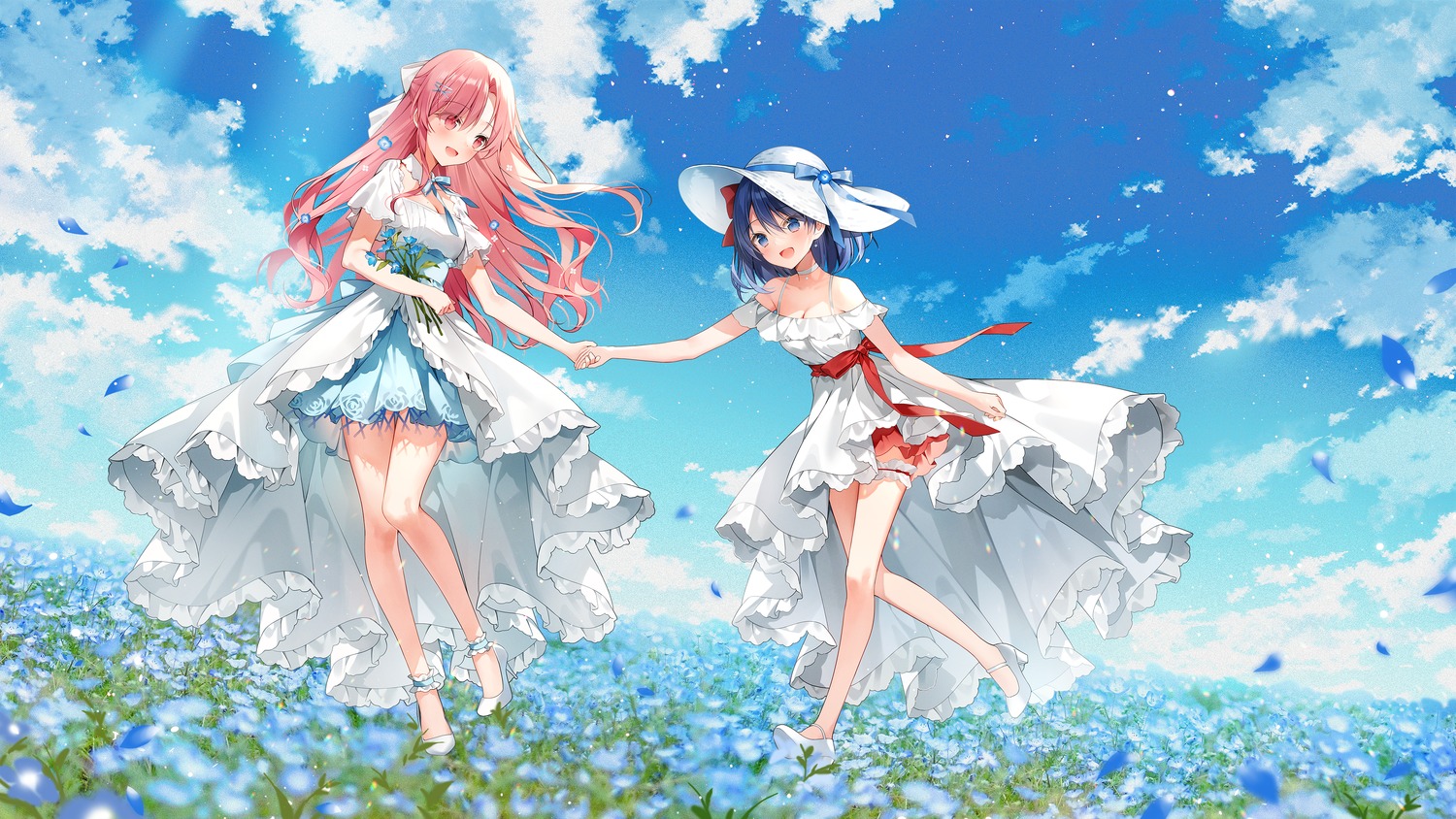 cleavage, dress, garter, heels, nini_yuuna, skirt_lift, summer_dress, tsunderia