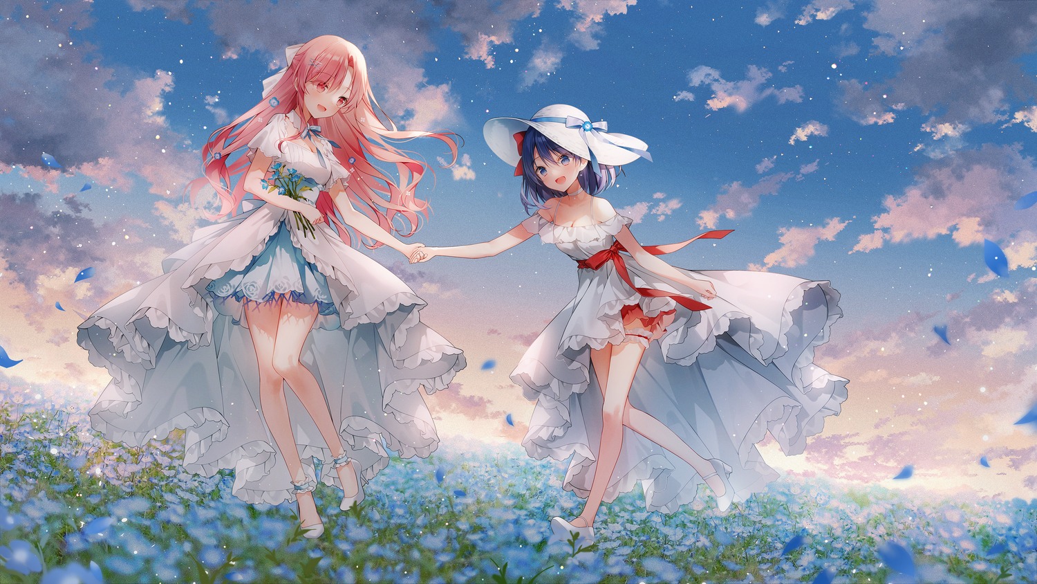 cleavage, dress, garter, heels, nini_yuuna, skirt_lift, summer_dress, tsunderia