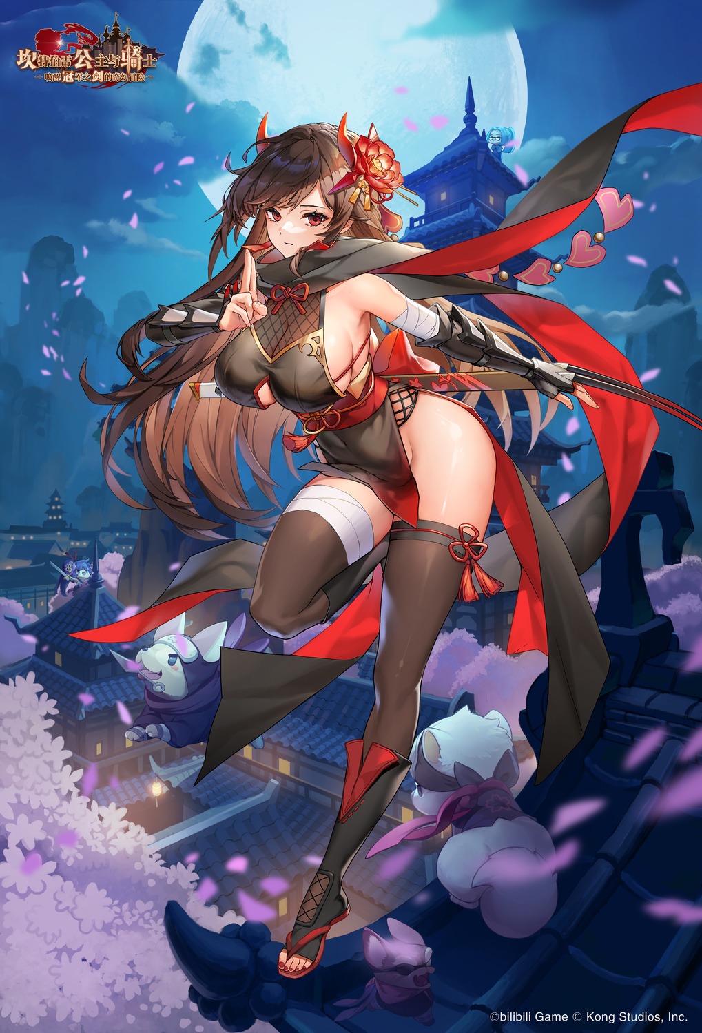 bandages, fishnets, garter, guardian_tales, ninja, no_bra, nopan, sword