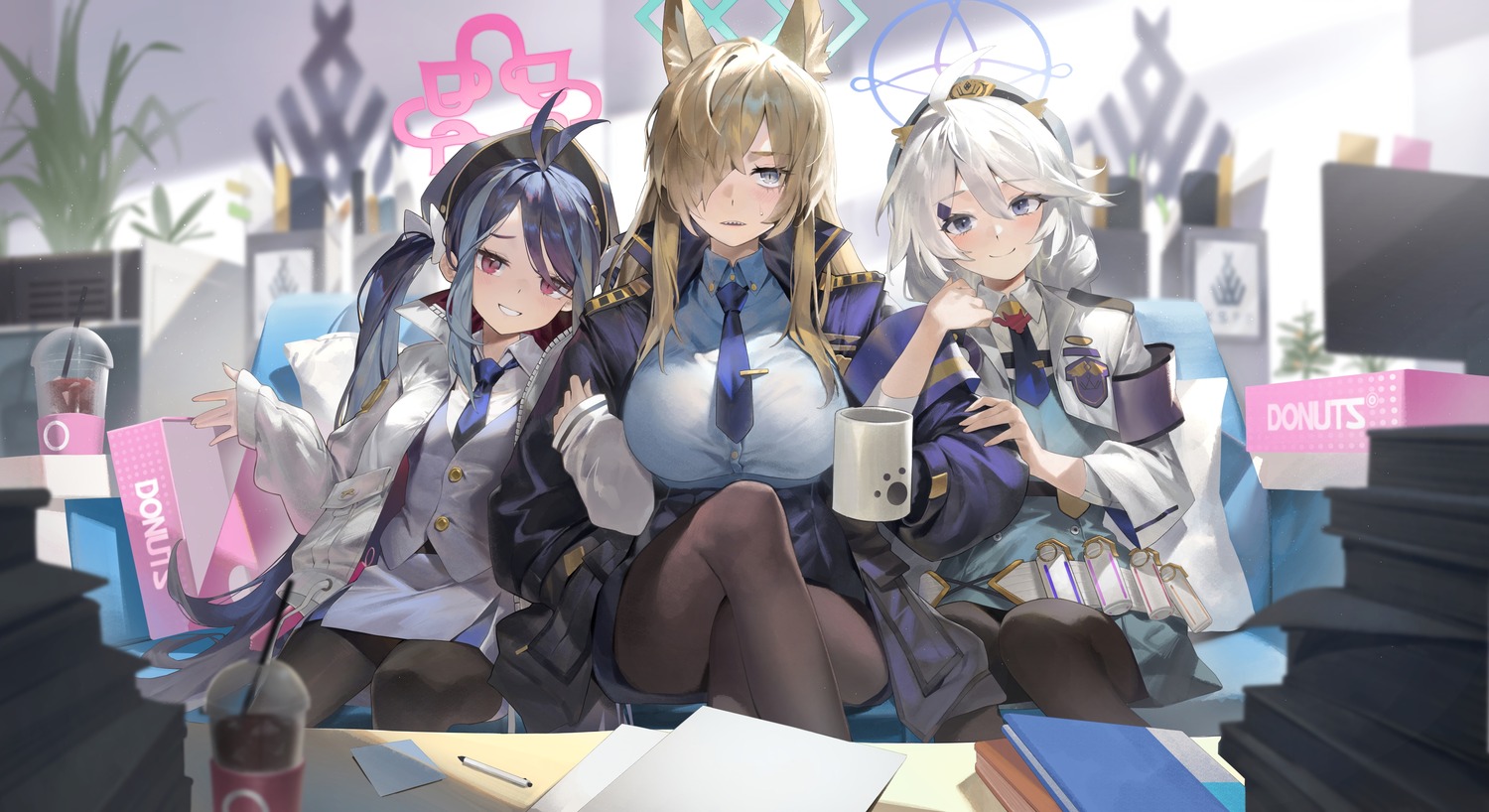 animal_ears, blue_archive, halo, inumimi, ktr_(tpun2553), nakatsukasa_kirino, nemugaki_fubuki, ogata_kanna_(blue_archive), pantyhose, police_uniform, skirt_lift, uniform