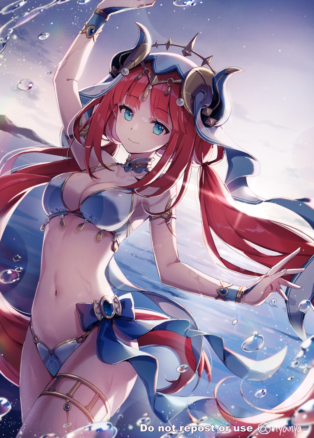 bikini, garter, genshin_impact, horns, nilou, nyanya, swimsuits, wet