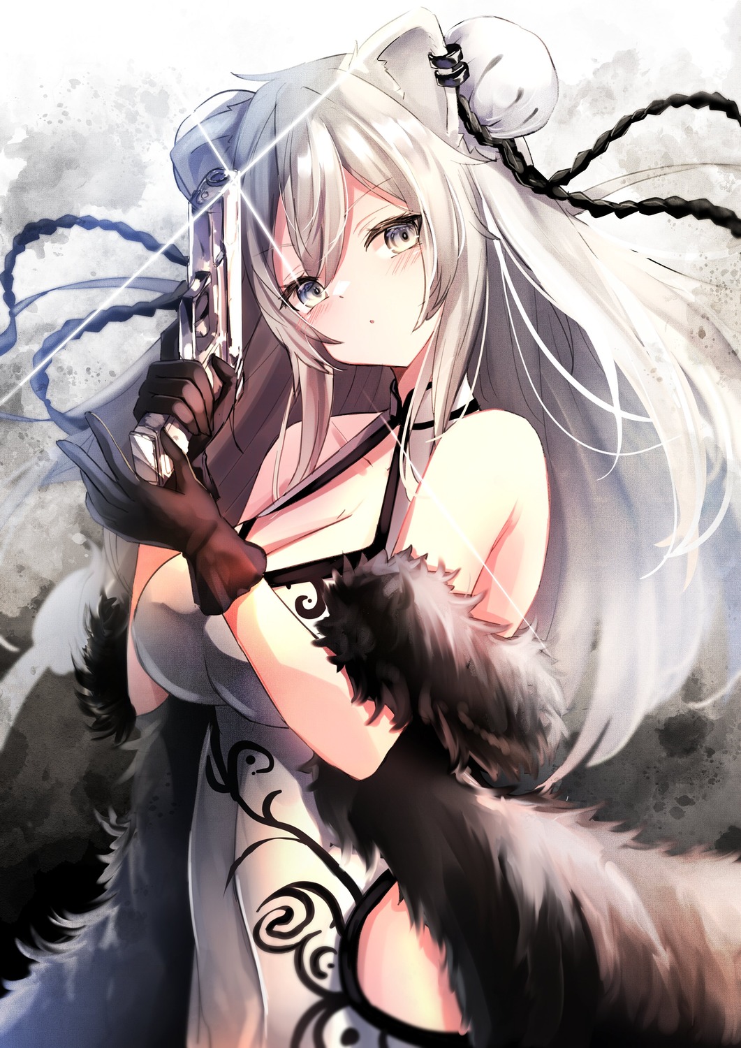 animal_ears, chinadress, gun, hololive, michitose_gusa, no_bra, shishiro_botan