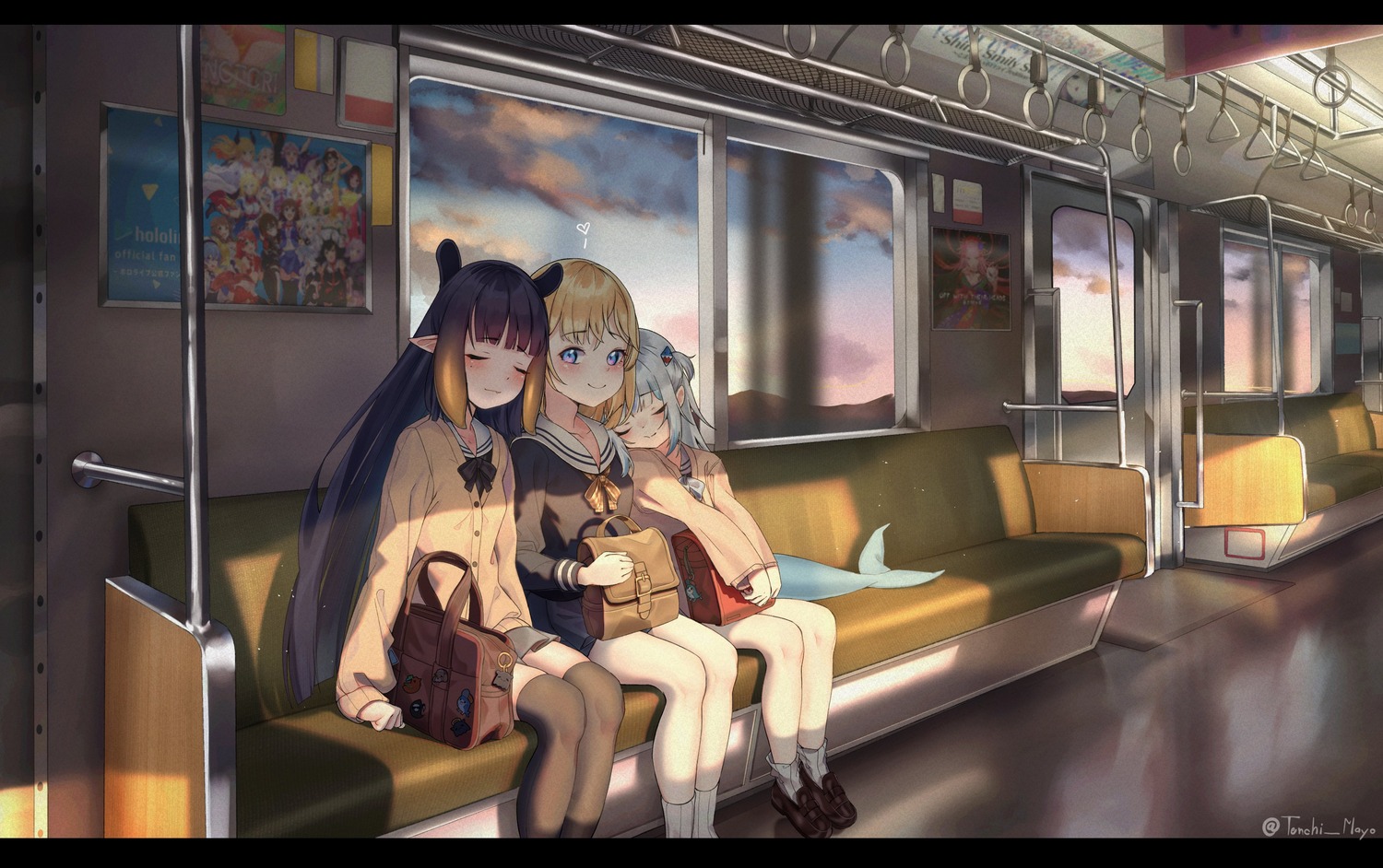 animal_ears, gawr_gura, hololive, hololive_english, ninomae_ina'nis, pointy_ears, seifuku, sweater, tail, tenchi_mayo, thighhighs, watson_amelia, yuri