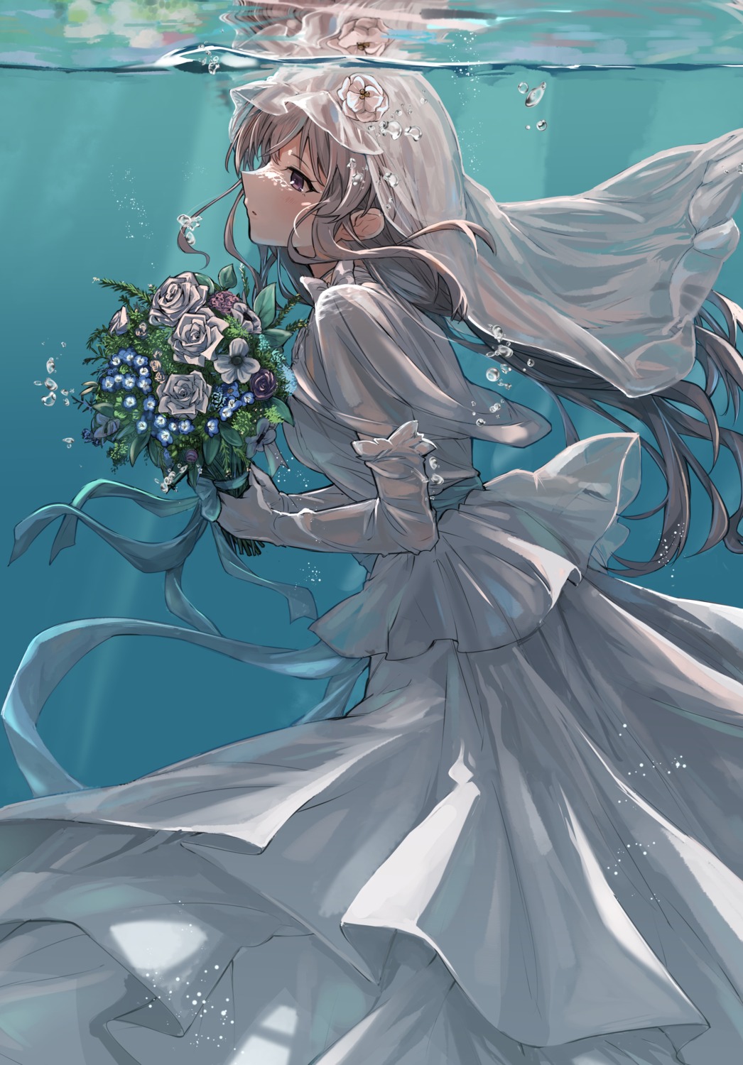 dress, hanetsuka, the_idolm@ster, the_idolm@ster_shiny_colors, wedding_dress, wet, yuukoku_kiriko