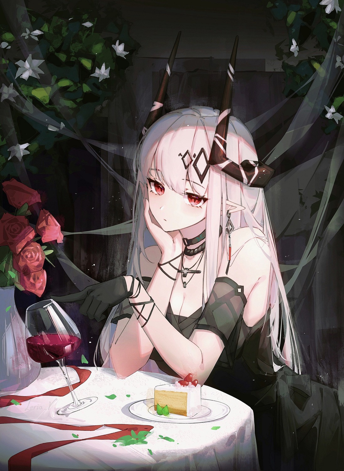 arknights, cleavage, dress, horns, leria_v, mudrock_(arknights), pointy_ears
