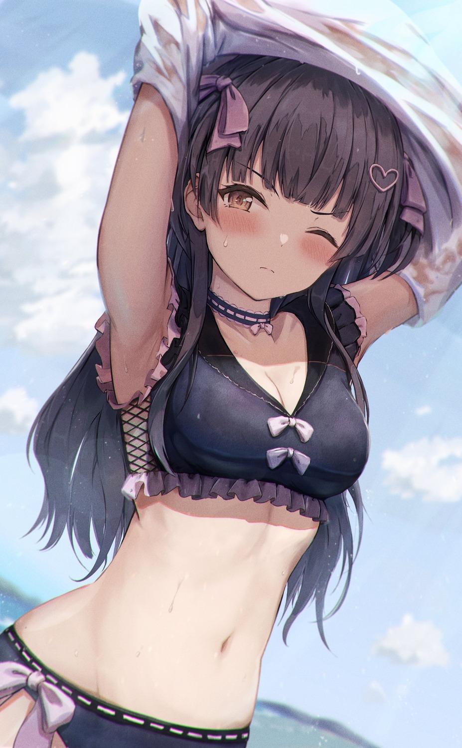 bikini, cleavage, masuku_(saint_mask), mayuzumi_fuyuko, see_through, shirt_lift, swimsuits, the_idolm@ster, the_idolm@ster_shiny_colors, wet, wet_clothes
