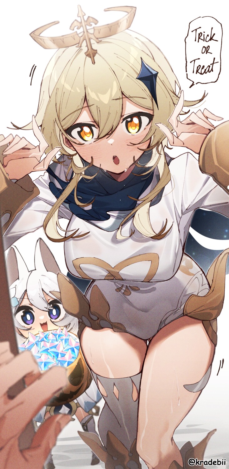 animal_ears, cosplay, genshin_impact, halloween, kradebii, leotard, lumine, paimon, thighhighs