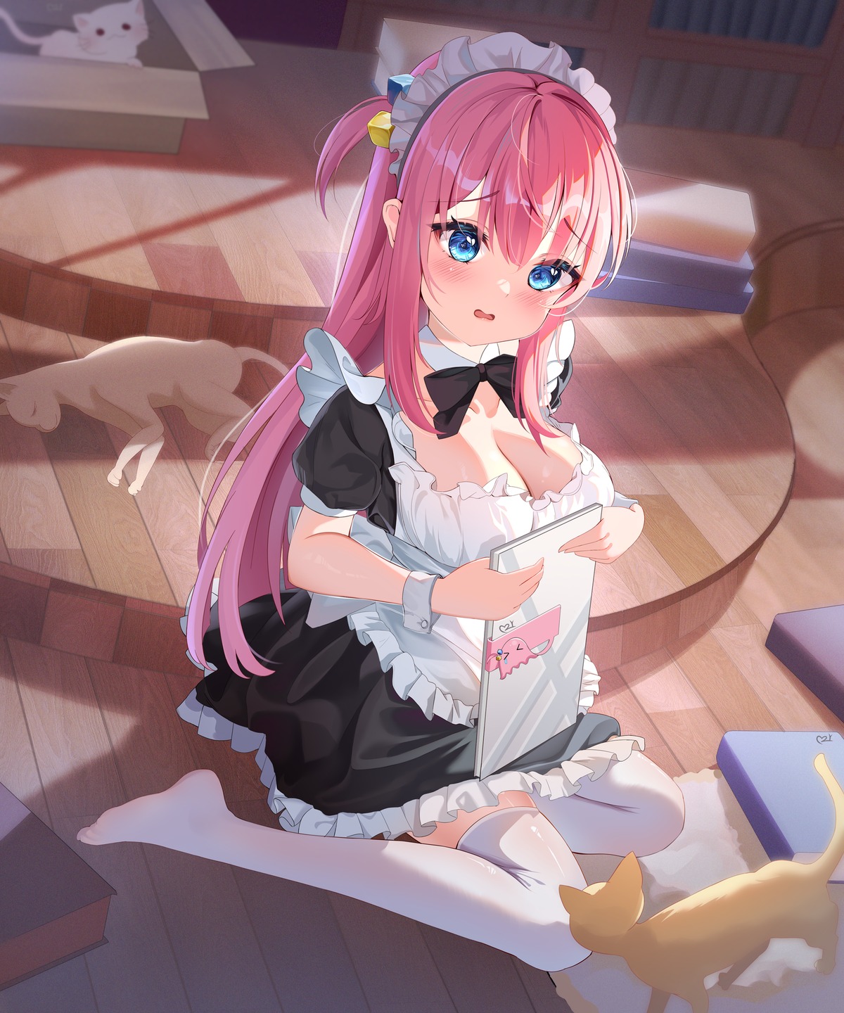 bocchi_the_rock!, gotou_hitori, maid, neko, no_bra, teeth_bro, thighhighs
