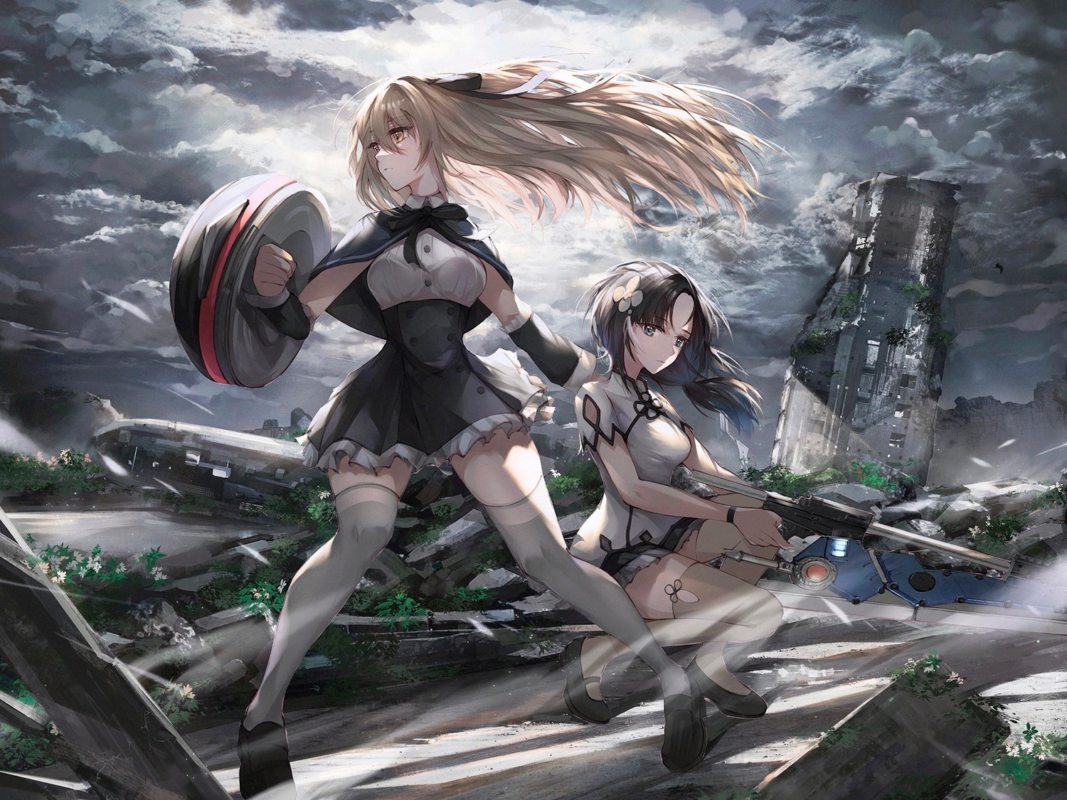 asian_clothes, assault_lily, hcl_(hsiehdrew), thighhighs, weapon