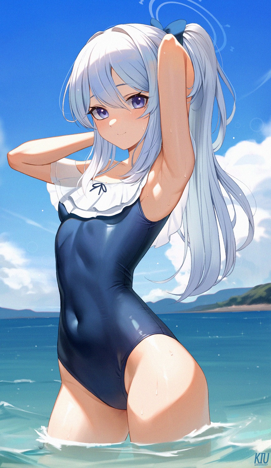 blue_archive, halo, kiu6, swimsuits, tsukiyuki_miyako, wet