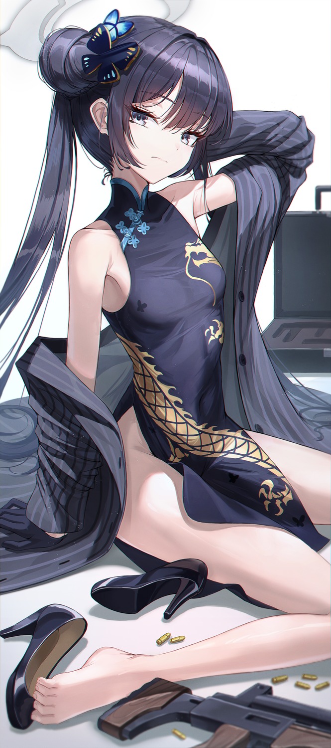blue_archive, chinadress, gun, halo, heels, k0a, nopan, ryuuge_kisaki