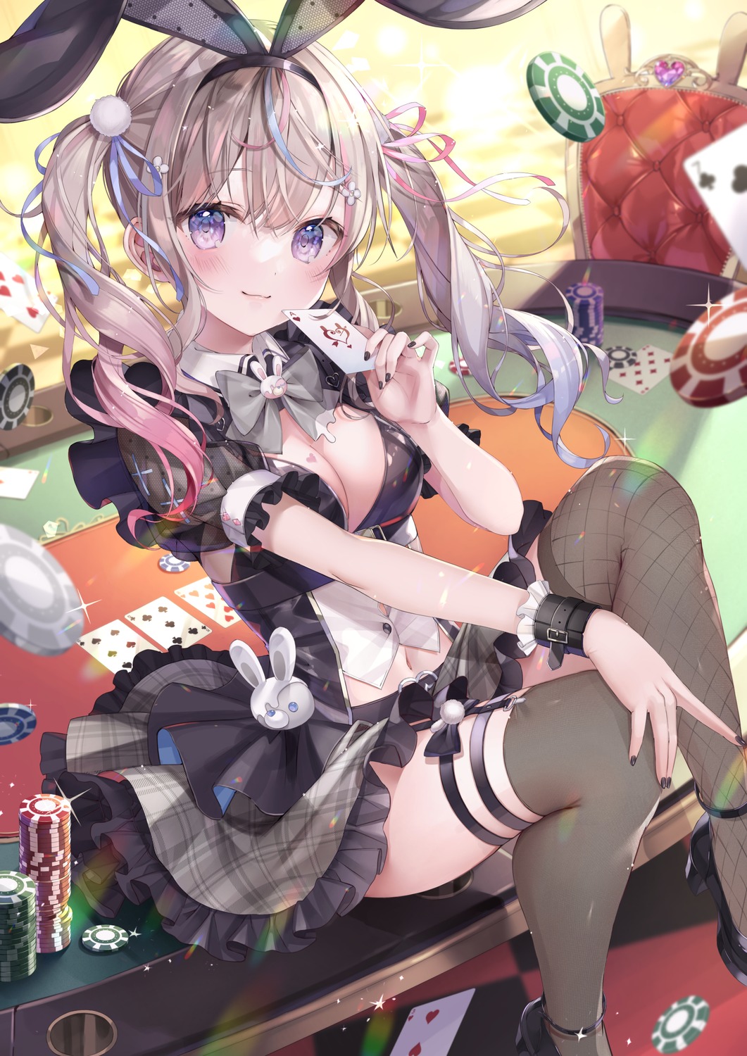 animal_ears, bunny_ears, fishnets, garter, indie_virtual_youtuber, sakura_nono_(vtuber), sakura_shiori, stockings