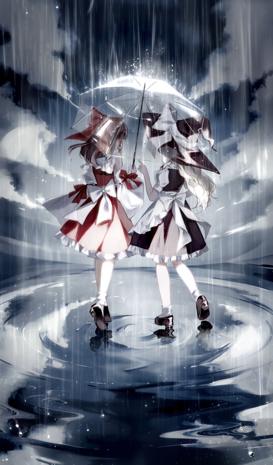 dress, hakurei_reimu, hanaya_(fleur), kirisame_marisa, miko, touhou, umbrella, witch