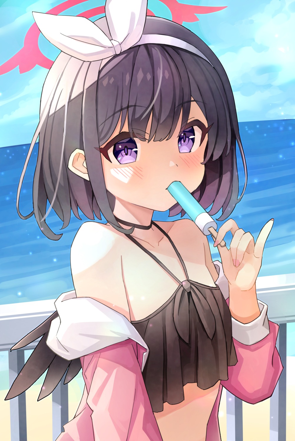 angel, bikini_top, blue_archive, nomio, open_shirt, shizuyama_mashiro, swimsuits, wings