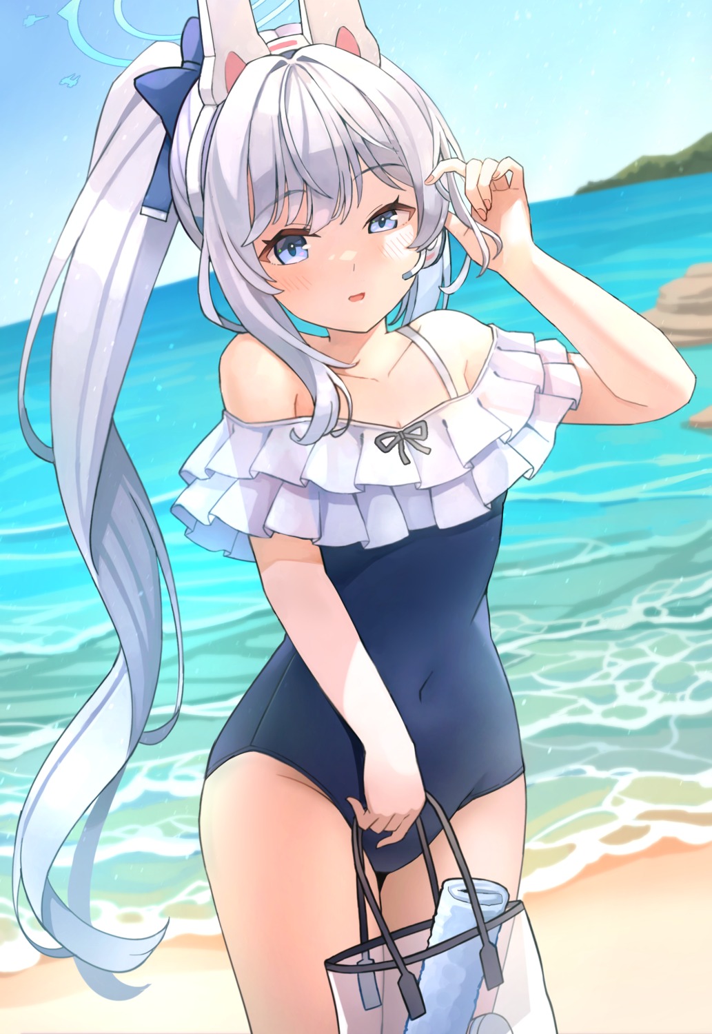 animal_ears, blue_archive, bunny_ears, halo, nomio, see_through, swimsuits, tsukiyuki_miyako