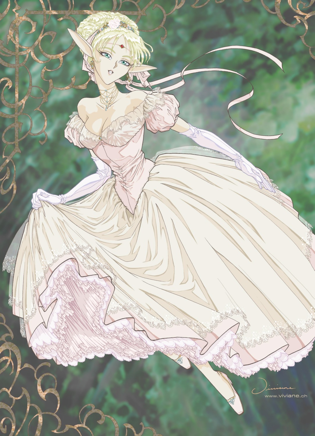 cleavage, deedlit, dress, elf, pointy_ears, record_of_lodoss_war, viviane, wedding_dress