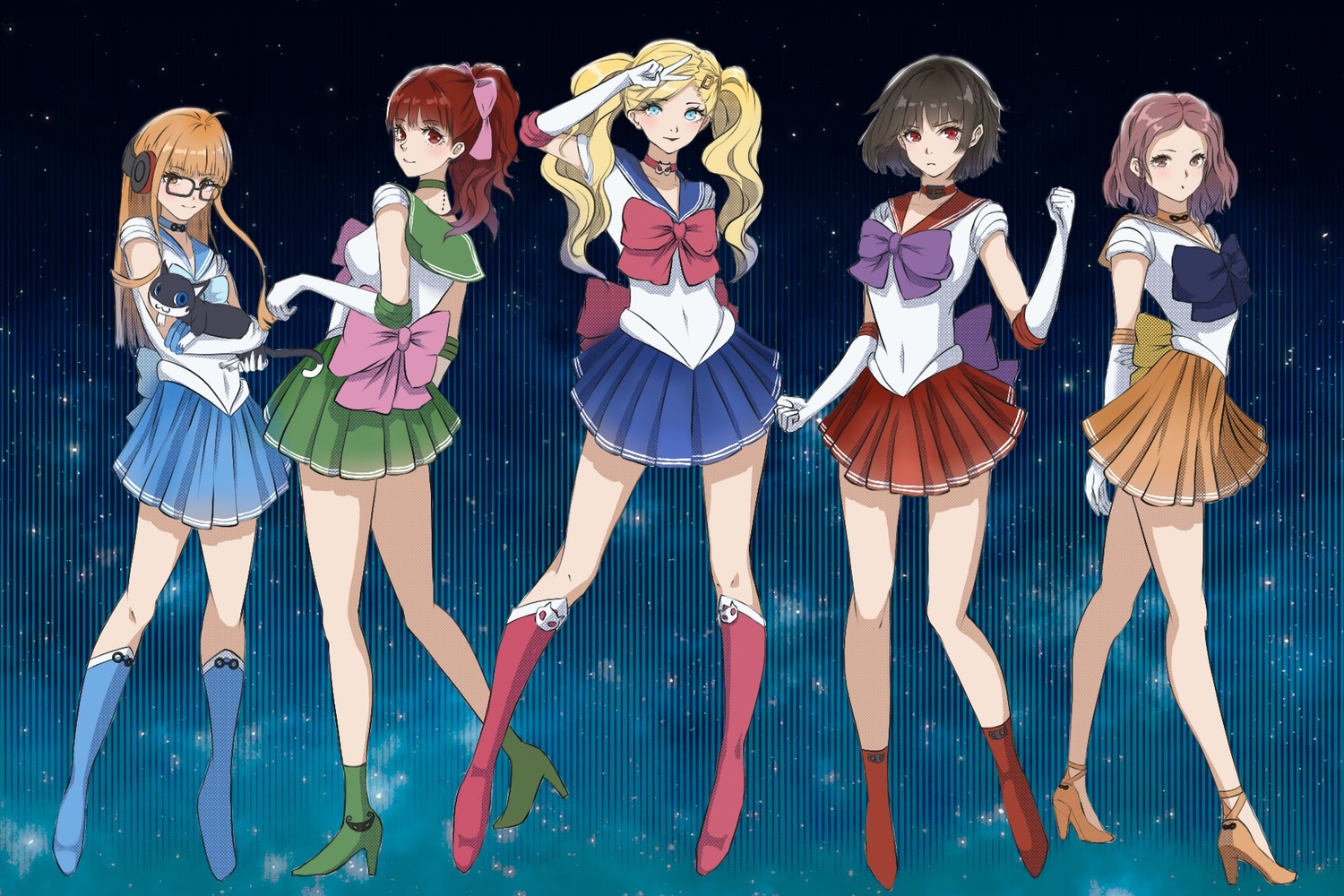 aino_minako, bishoujo_senshi_sailor_moon, cosplay, headphones, heels, hino_rei, kino_makoto, megane, mizuno_ami, neko, niijima_makoto, okumura_haru, persona_5, sakura_futaba, seifuku, tagme, takamaki_anne, tsukino_usagi, yoshizawa_kasumi