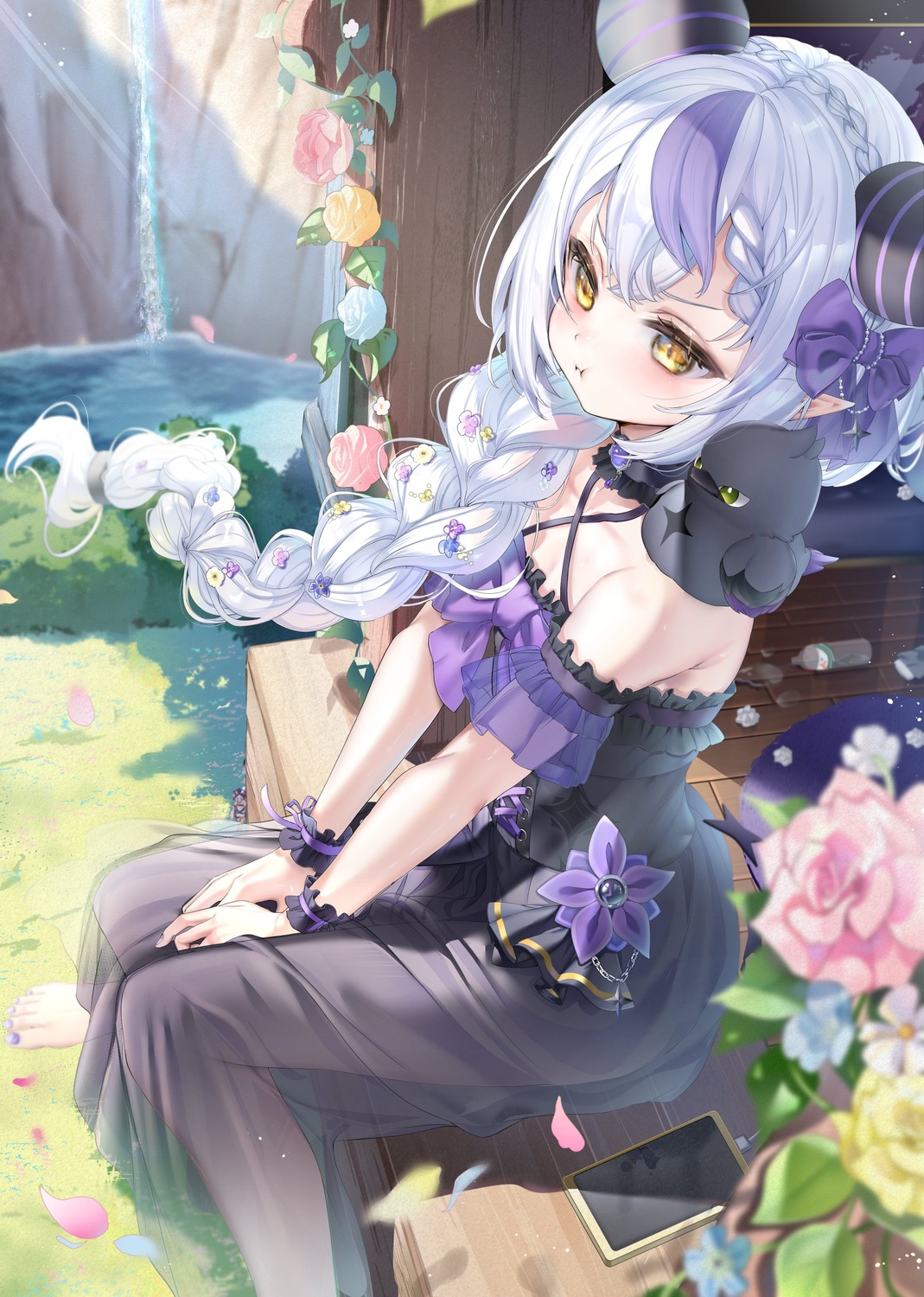 crow_(la+_darknesss), dress, hololive, horns, la+_darknesss, no_bra, piyokuma, pointy_ears