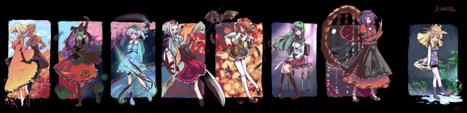 aki_minoriko, aki_shizuha, inubashiri_momiji, kagiyama_hina, kawashiro_nitori, kochiya_sanae, moriya_suwako, nichimatsu_seri