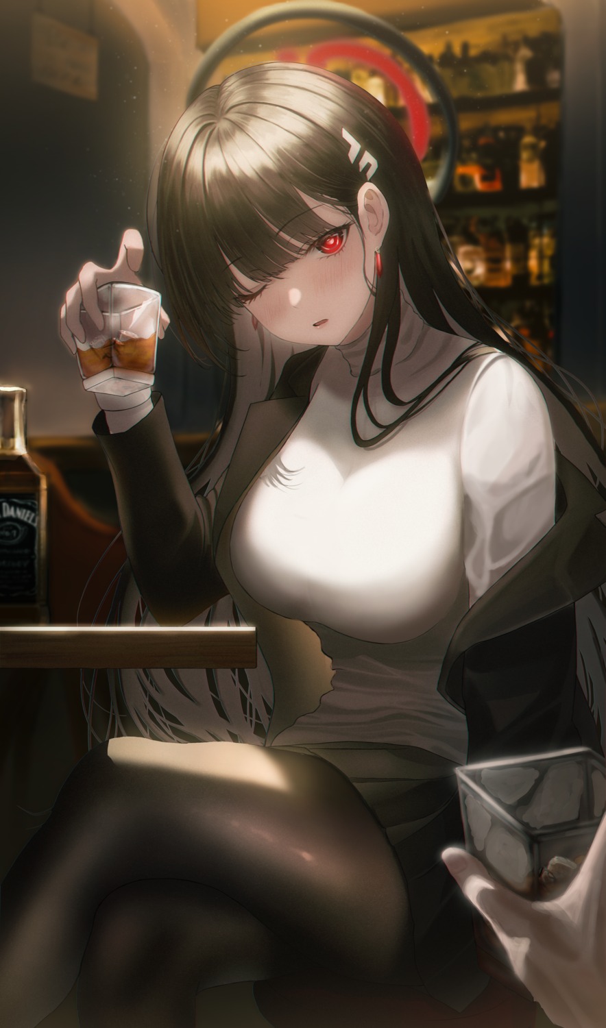 blue_archive, business_suit, halo, pantyhose, rega, sweater, tsukatsuki_rio