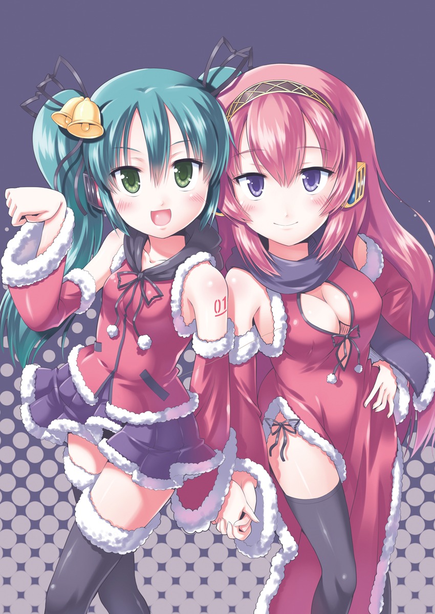 christmas, cleavage, hatsune_miku, megurine_luka, morujii, thighhighs, vocaloid