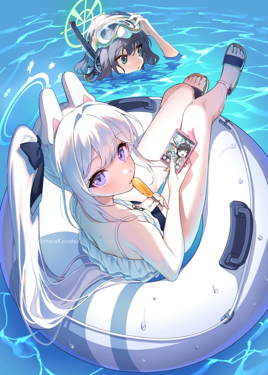 animal_ears, blue_archive, bunny_ears, halo, konatsu_hare, sorai_saki, swimsuits, tsukiyuki_miyako, wet