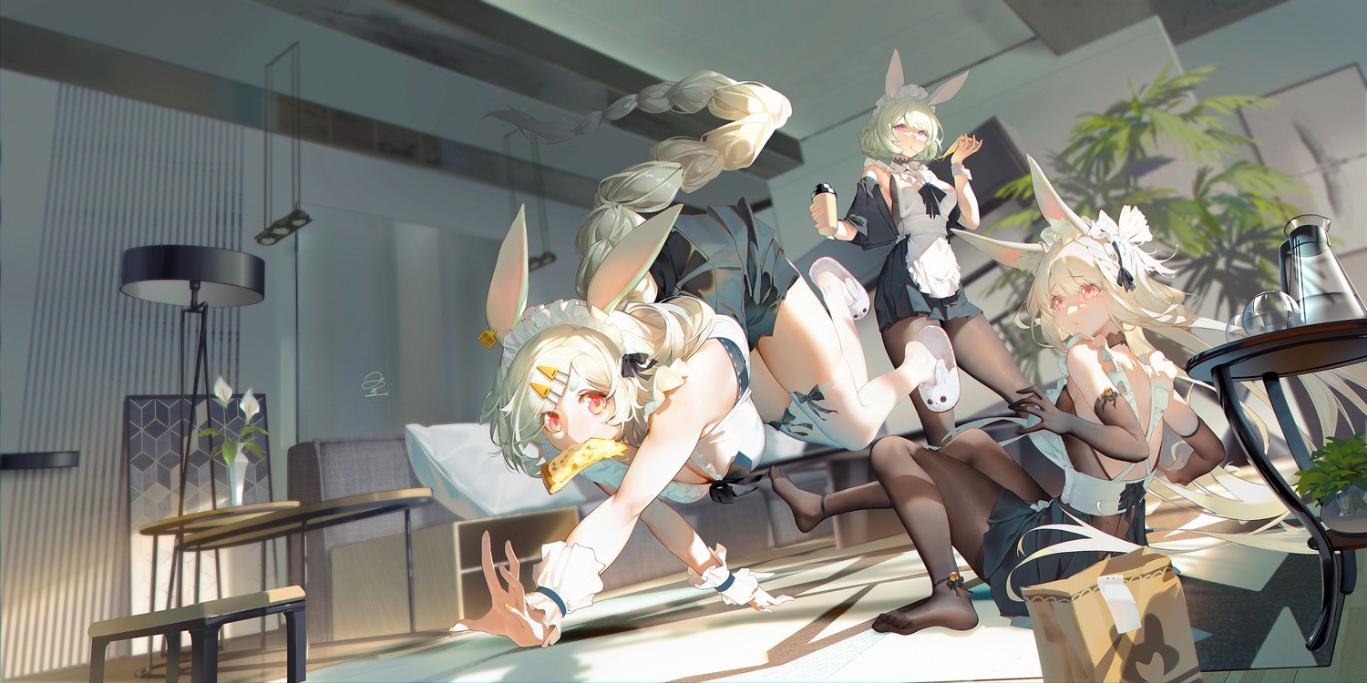 animal_ears, bunny_ears, maid, megane, no_bra, pantyhose, ribao, thighhighs