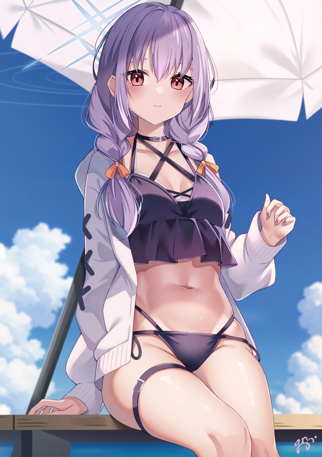 bikini, blue_archive, cleavage, garter, guri_(gri1211), hakari_atsuko, halo, open_shirt