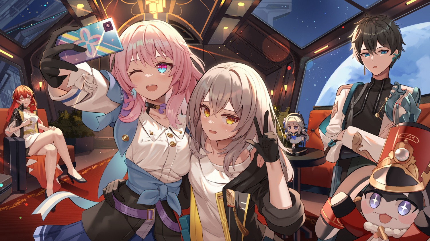 chibi, dan_heng, heels, herta, himeko, honkai:_star_rail, march_7th, mirufuaa, pom-pom_(honkai:_star_rail), selfie, stelle