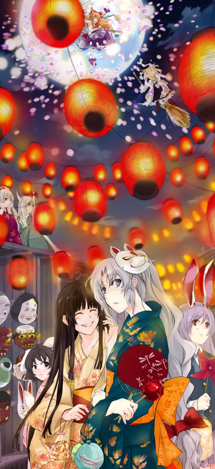 animal_ears, ex_keine, fujiwara_no_mokou, horns, houraisan_kaguya, ibuki_suika, inaba_tewi, japanese_clothes