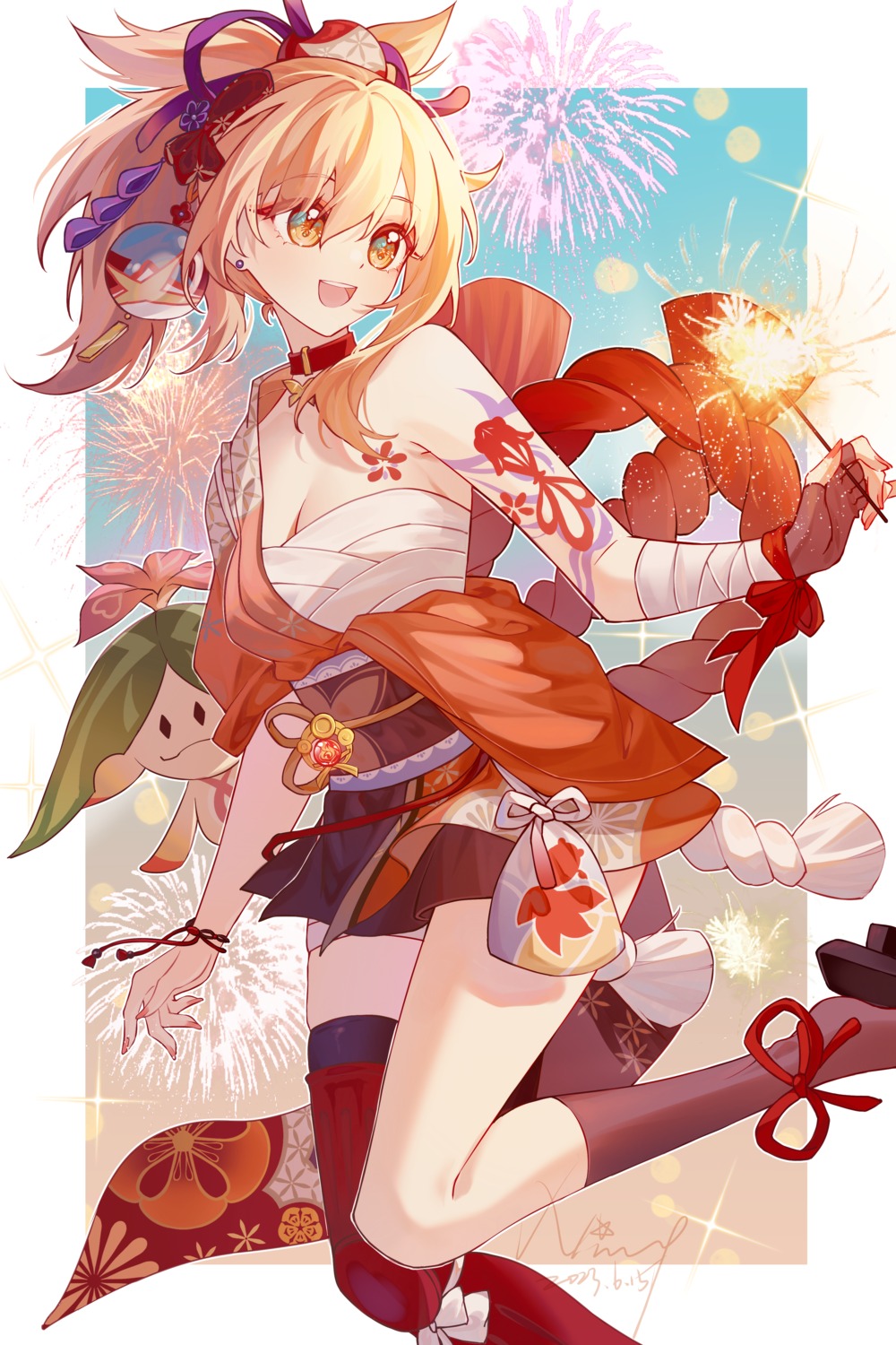bandages, genshin_impact, handsomening, japanese_clothes, open_shirt, sarashi, tattoo, thighhighs, yoimiya