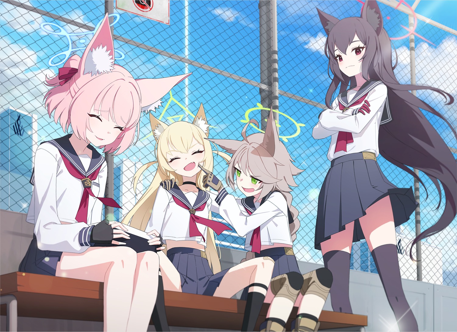 animal_ears, blue_archive, halo, kitsune, pjman, seifuku, shichido_yukino, skirt_lift, takakura_kurumi, tenjinyama_otogi, thighhighs, yoshino_niko
