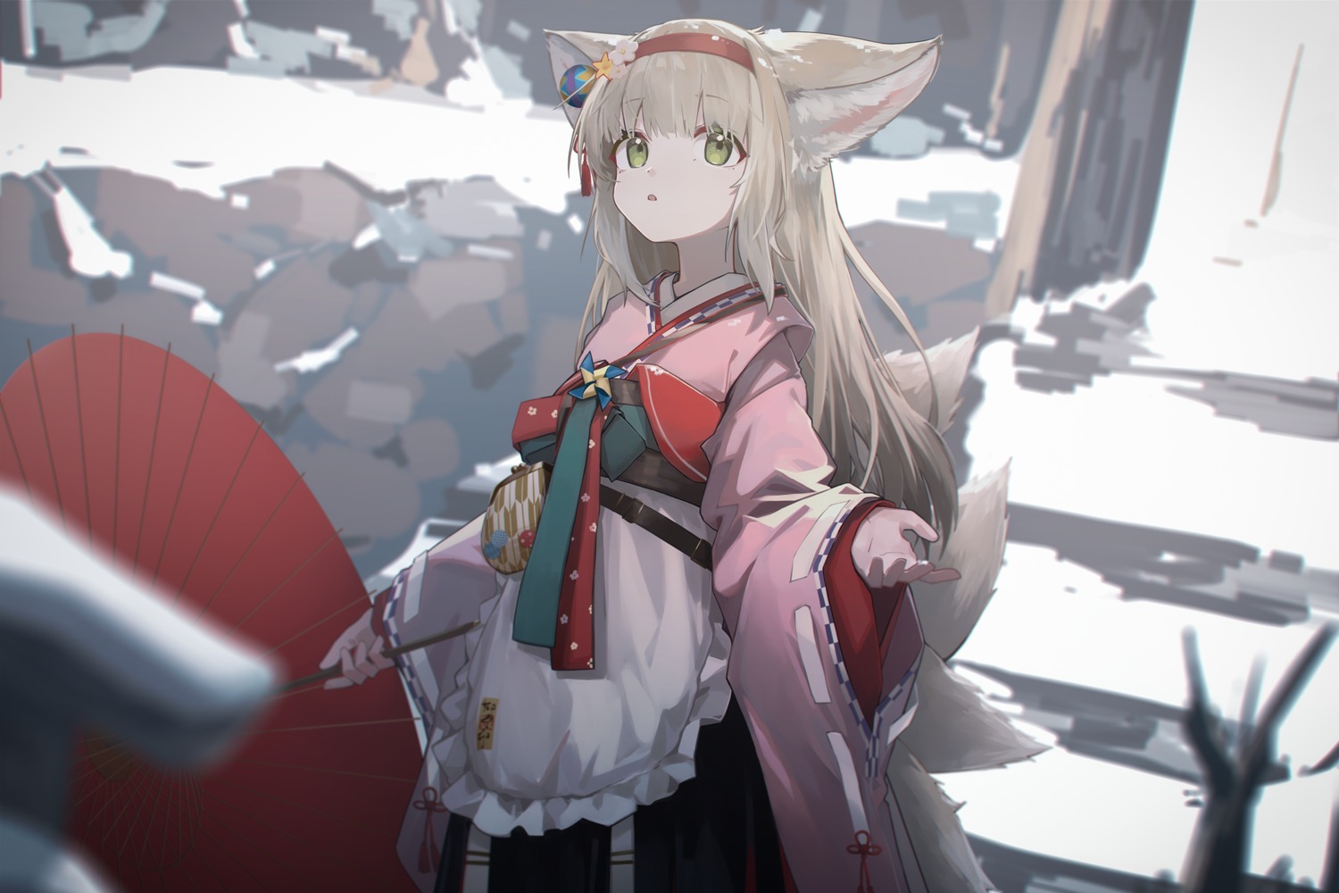 animal_ears, arknights, japanese_clothes, kitsune, suzuran_(arknights), tail, umbrella, xy_(pixiv8783776)